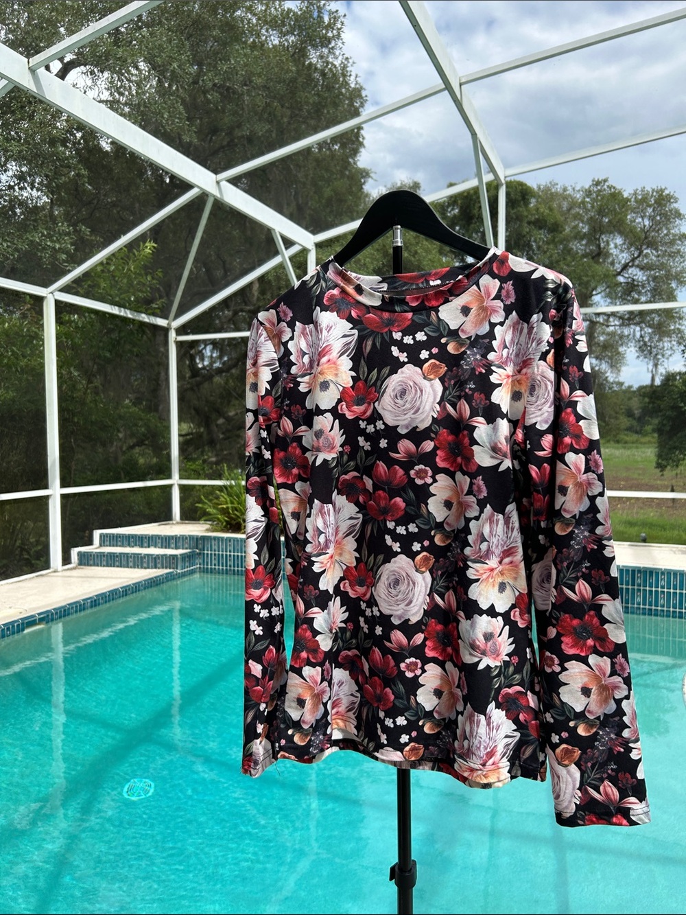Floral Long Sleeve Women's Top - Black/Pink
